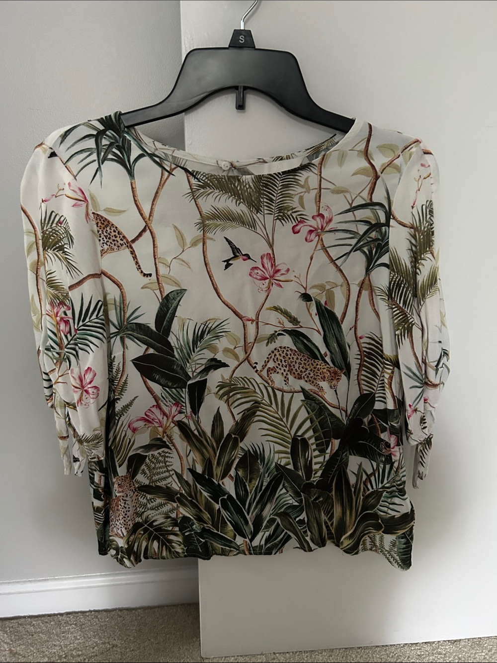 H&M White Tropical Print Blouse with Pink Accents